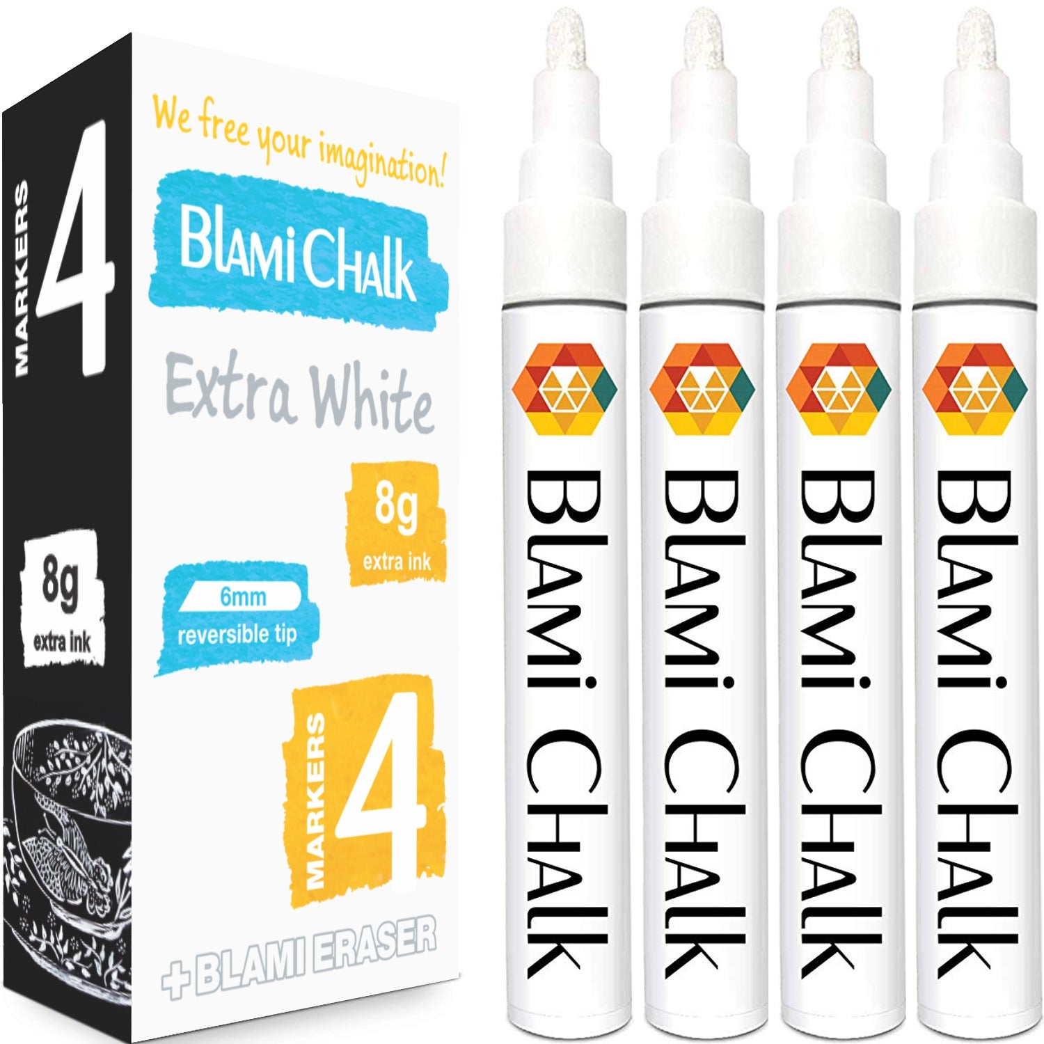  Blami Arts White Chalk Markers 4 Pack - Reversible Fine and  Jumbo Tips 16mm - 10mm - 6mm - 3mm - Chalkboard Pens for Bistro Glass  Windows - Eraser Sponge Included : Arts, Crafts & Sewing